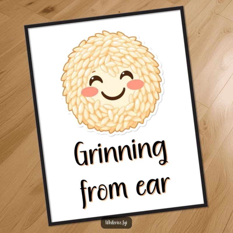 Funny poster print of a cheerful bunch of rice grains forming a happy smiley face. Positive wall art.