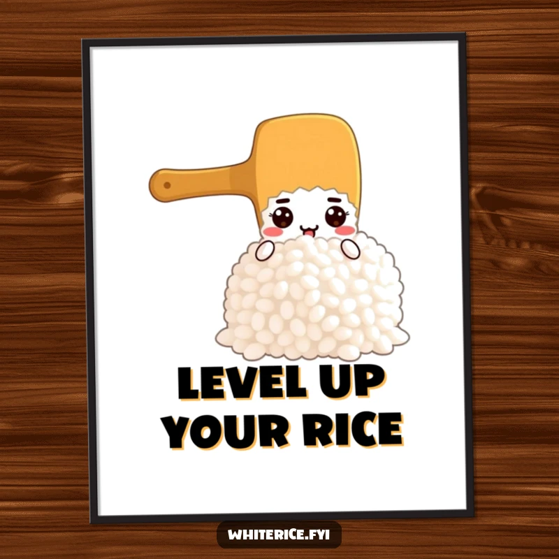 Funny poster illustrating a dedicated rice paddle character scooping a plentiful amount of fluffy rice, symbolizing culinary ambition.
