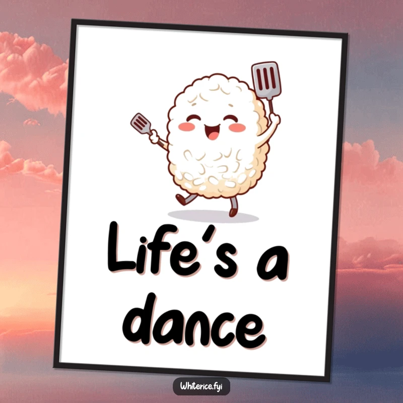 Funny poster of a cheerful, plump grain of rice character happily dancing with a tiny spatula, whimsical food artwork.