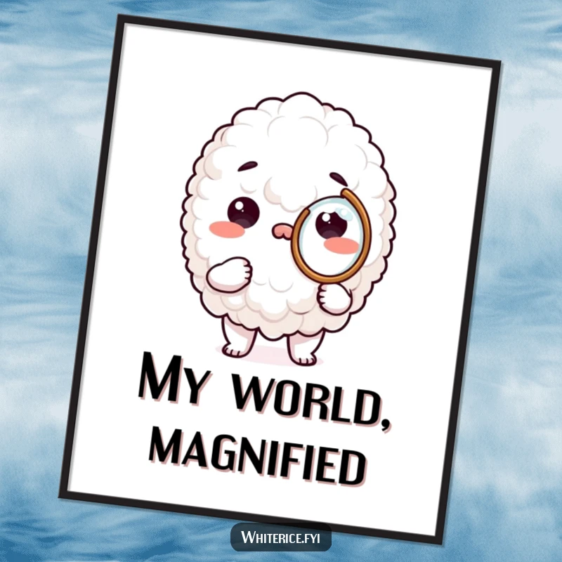 Funny poster art of a white rice character intently examining something with a magnifying glass, bringing a humorous vibe.