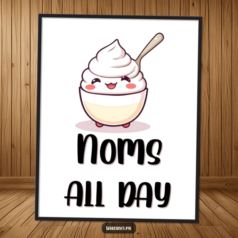 Funny kawaii rice pudding poster, character happily spooning itself, whimsical and amusing wall art.