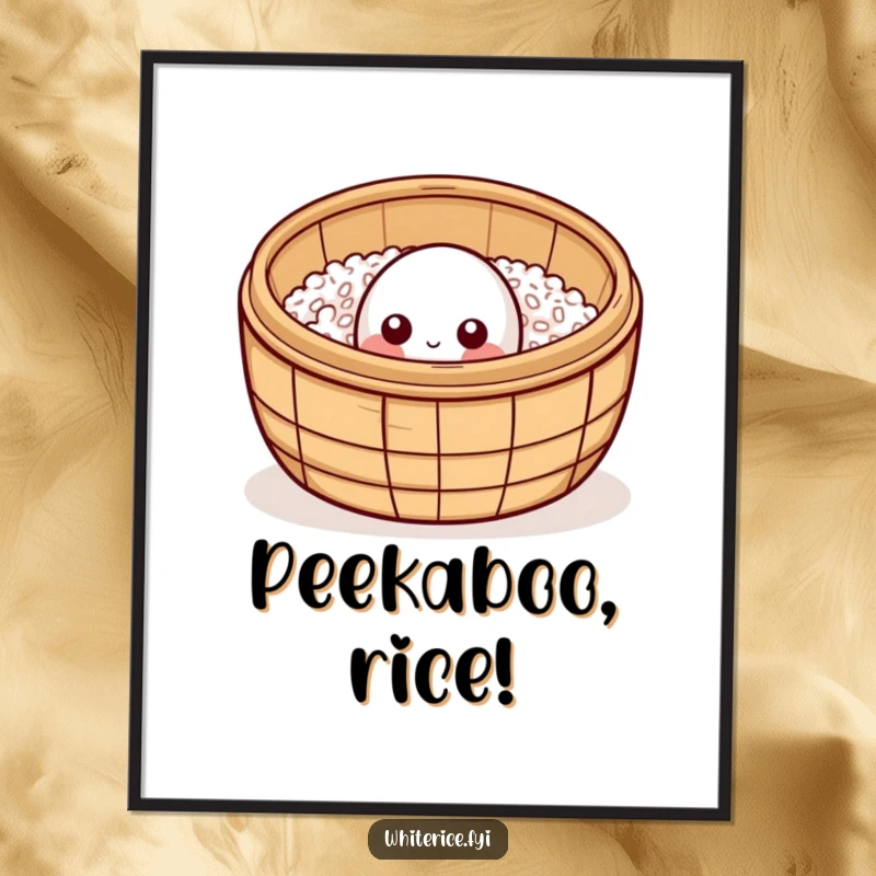 Funny curious rice grain poster, peeking from bamboo steamer, whimsical wall art for kitchens and cafes.