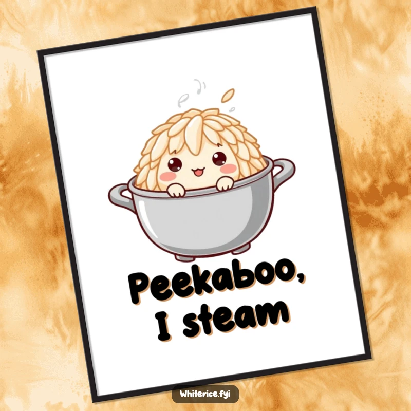 Funny poster featuring a curious rice grain peeking out from a steaming pot, bringing a whimsical and humorous vibe to any room.