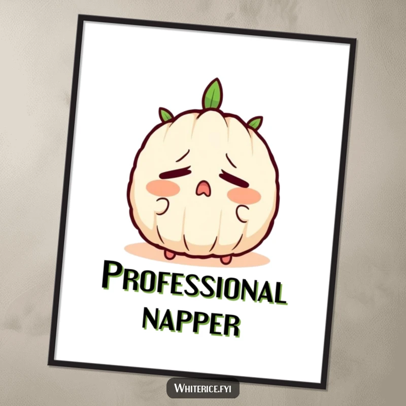 Funny poster showcasing a sleepy rice grain character yawning with closed eyes, embodying ultimate relaxation and fatigue.