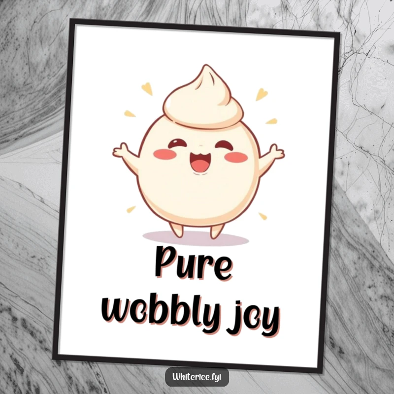 Funny poster featuring a playful, wobbly rice pudding character wobbling ecstatically, radiating pure happiness and creamy goodness.