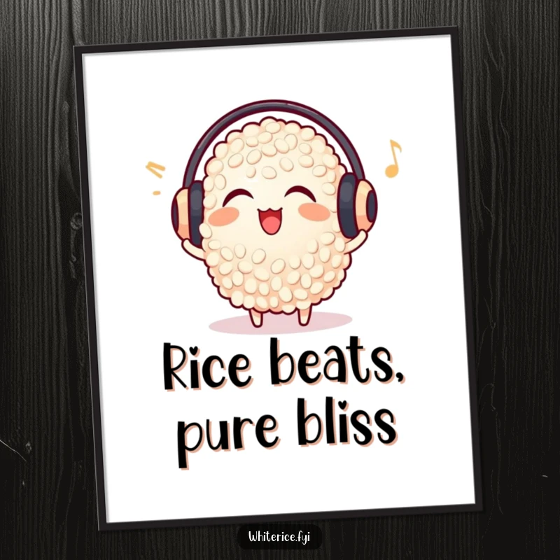 Funny delighted rice grain poster, wearing earmuffs, listening to music, vibrant and joyful wall decor.