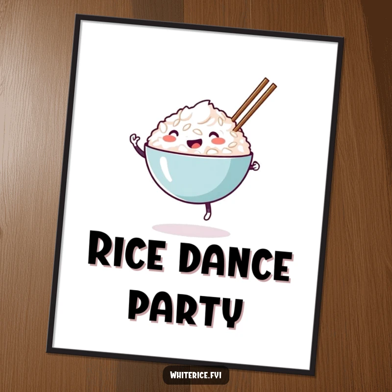 Funny happy white rice bowl poster, dancing with chopsticks, a humorous wall art piece celebrating food and joy.