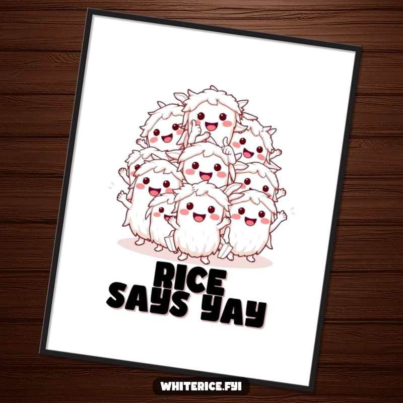 Funny smiling white rice characters poster, giving a thumbs up, a humorous wall art piece signifying approval and deliciousness.