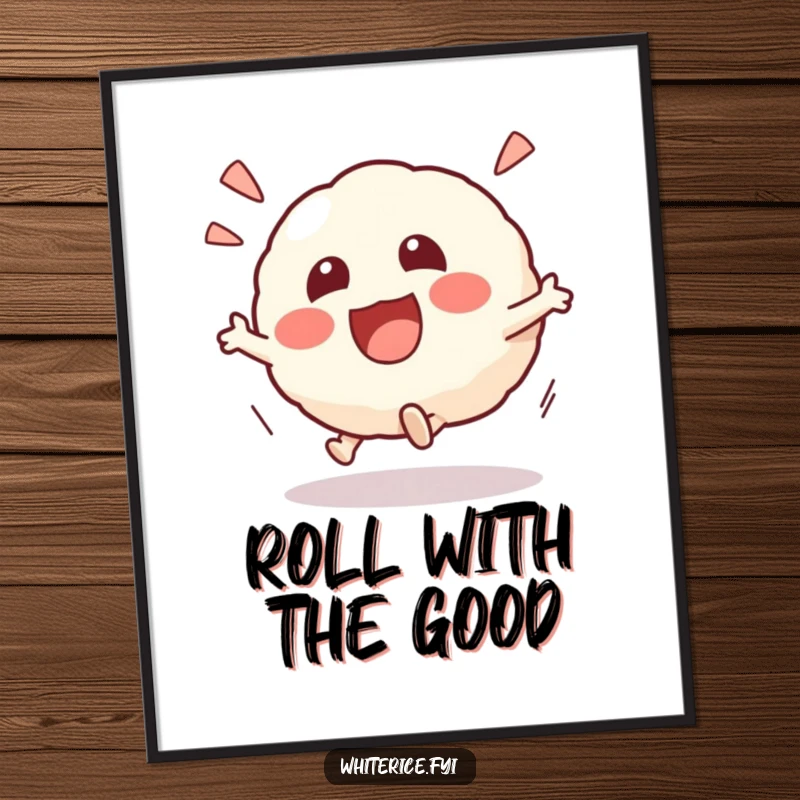 Funny Kawaii risotto ball poster showcasing an excited character in a playful roll, bringing dynamic energy and humor to wall decor, a fun gift.