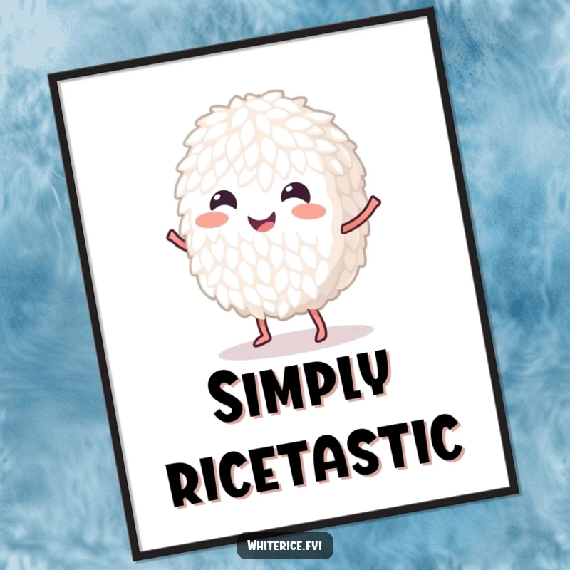 Funny dancing white rice grain poster, in a joyful dance, adding a touch of whimsical humor to any wall space.