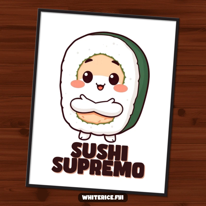 Funny Proud Sushi Poster depicting a beaming Kawaii sushi roll character with crossed arms, exuding confident pride and delicious humor on walls.