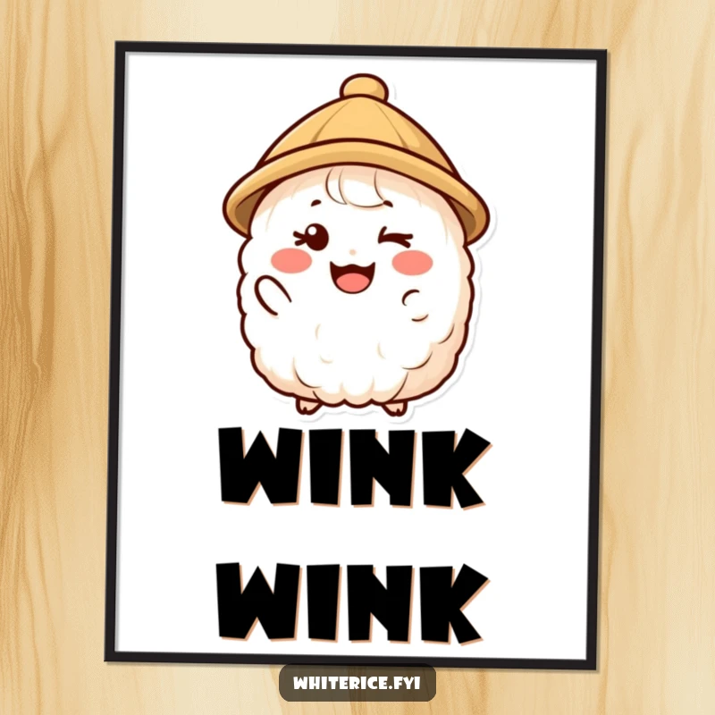 Funny poster showing a happy rice character in a small hat giving a friendly wink, perfect for adding playful charm.