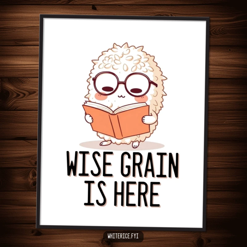 Funny rice poster shows a bewildered ball of rice character wearing glasses, engrossed in reading a large book, adding literary humor.