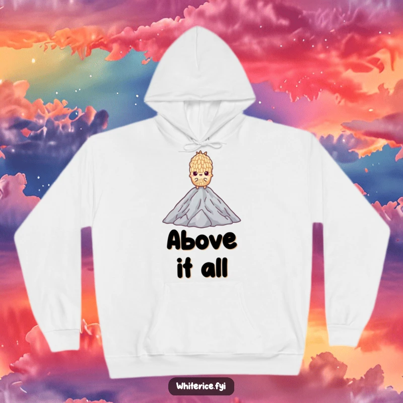 Funny hoodie showcasing a determined grain of rice standing tall on a pile of others, representing unwavering resolve.