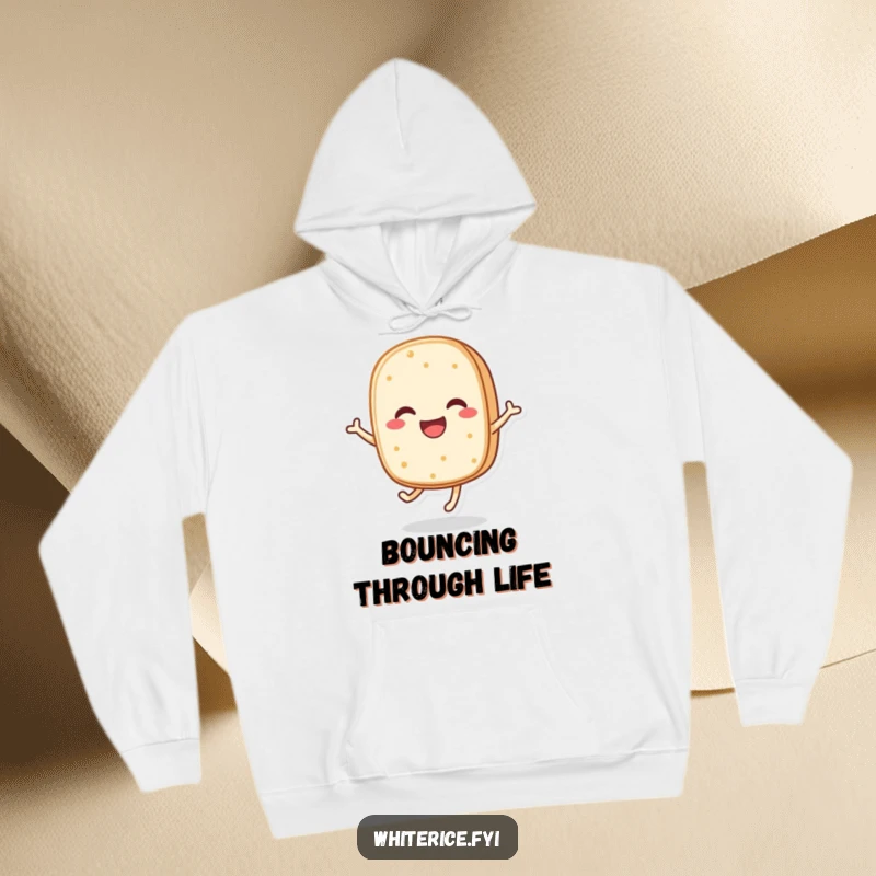Funny hoodie featuring a happy, anthropomorphic rice cake character bouncing exuberantly, designed for ultimate warmth and cheer.