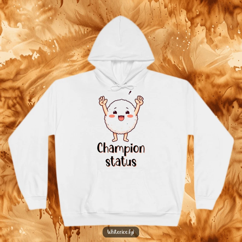 Funny hoodie featuring a round rice character with arms raised victoriously, embodying pure, comical triumph and happiness.