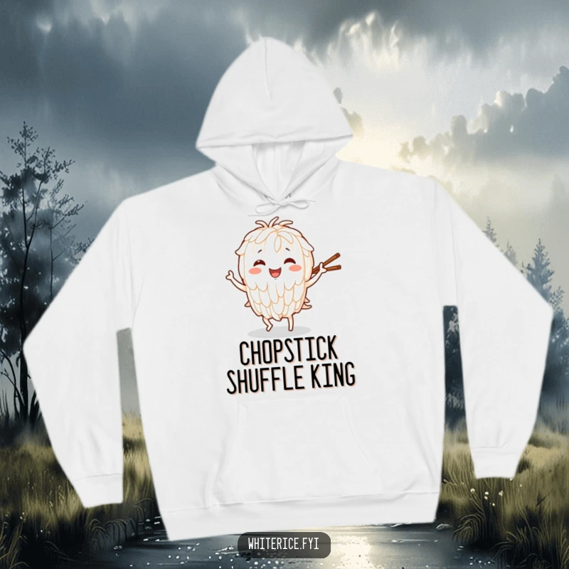Funny hoodie with a smiling rice character captured mid-dance, holding chopsticks, radiating happiness and energy.