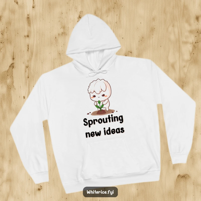 Funny hoodie featuring a determined white rice character planting a sprout, perfect for cozy motivation.