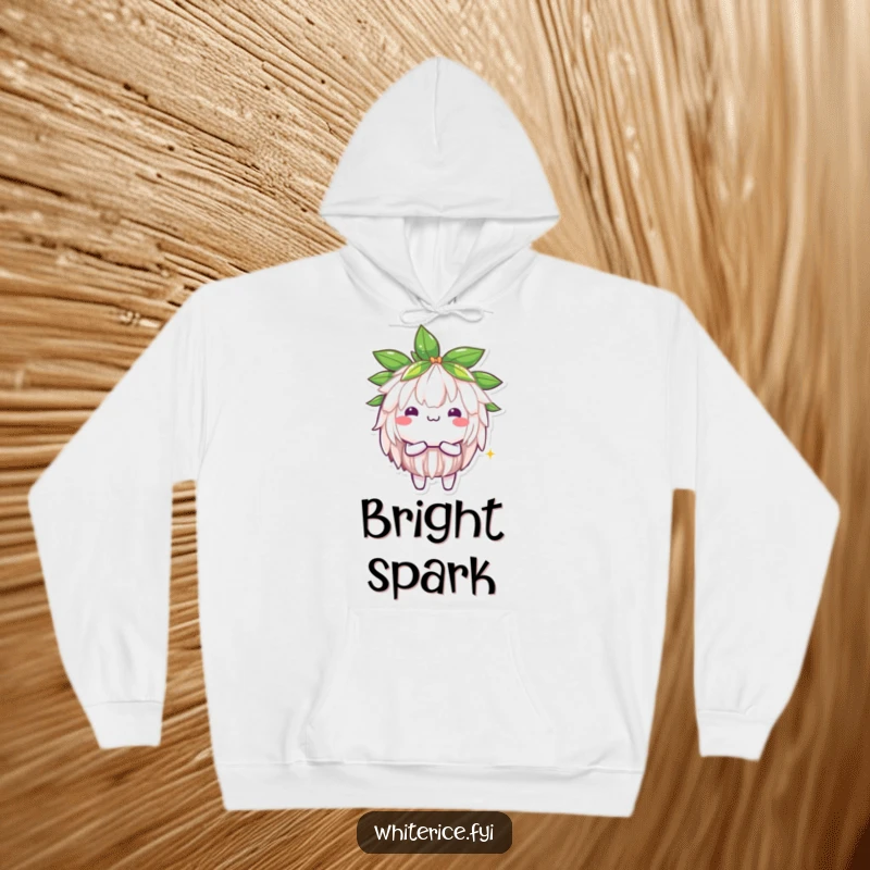Funny Jasmine Rice Hoodie: A brilliant Kawaii jasmine rice character shining brightly, radiating warmth and positive energy, perfect for cozying up.