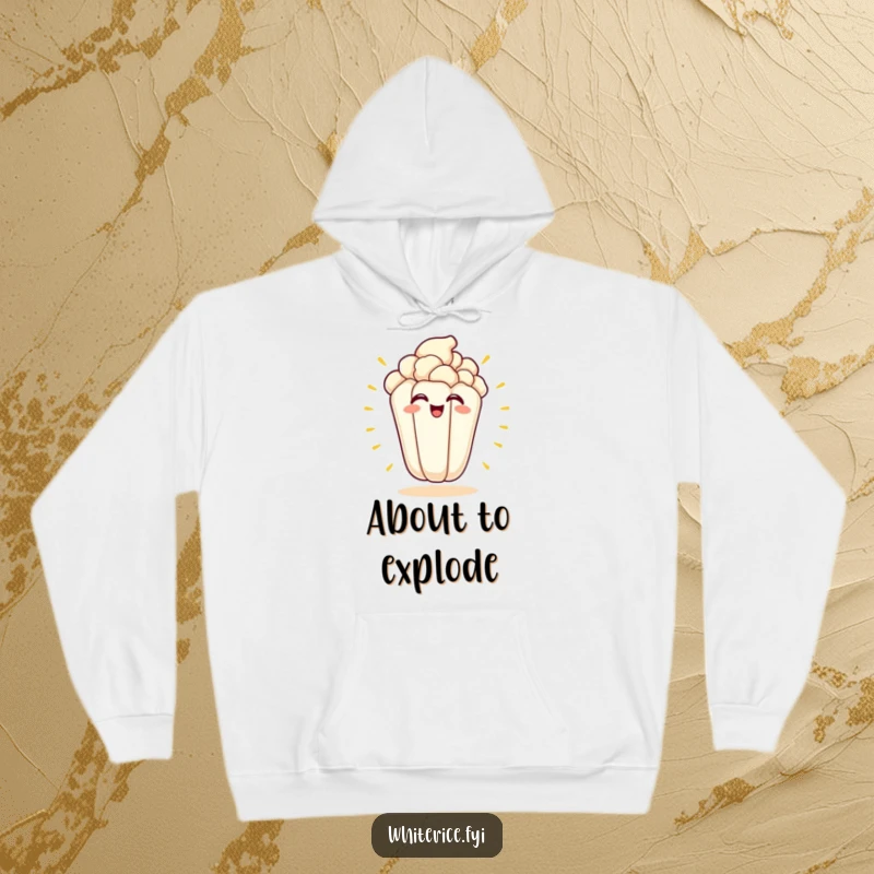 Funny kawaii hoodie with an energetic, grinning popcorn kernel character popping with excitement.