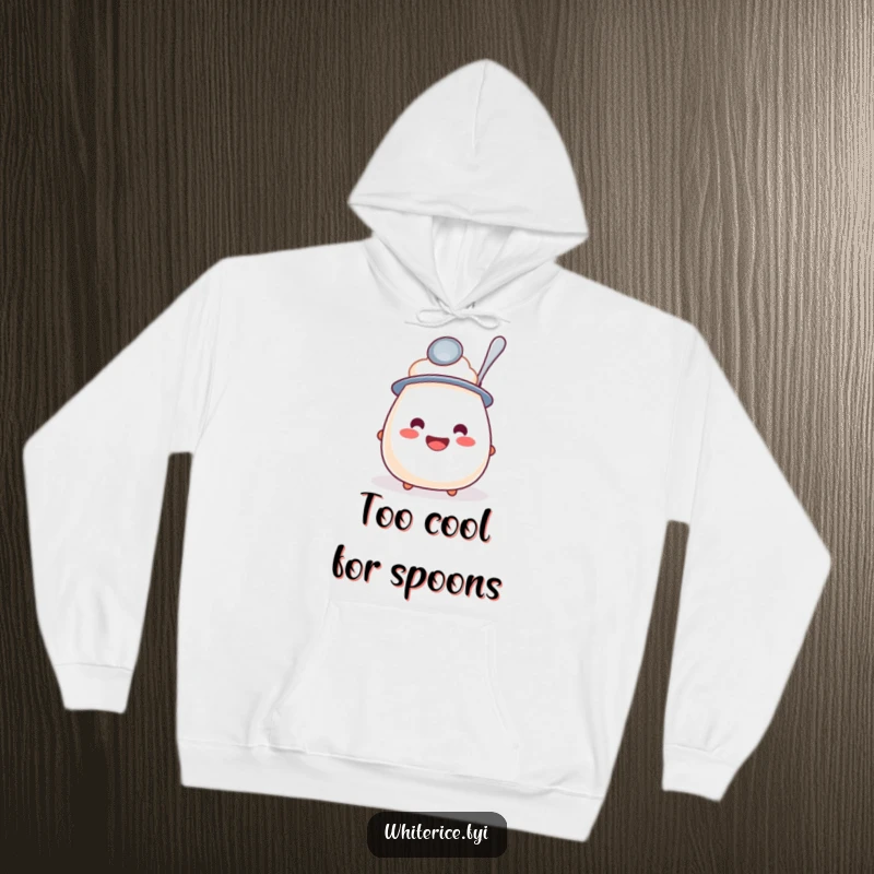 Funny hoodie depicting a cheerful rice pudding with a spoon as a hat, offering warmth and a dose of lighthearted fun.