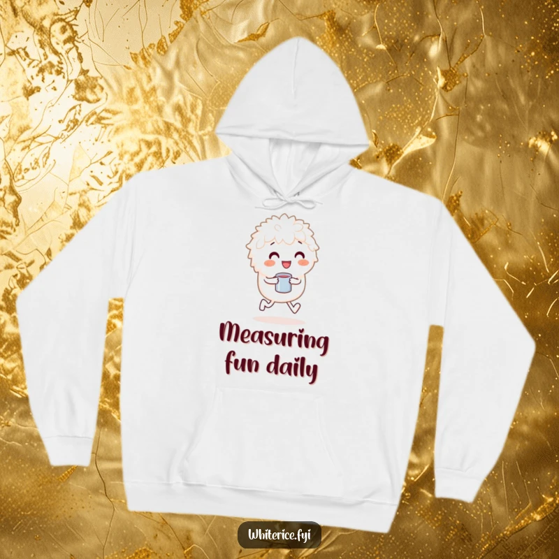 Funny hoodie featuring a playful white rice character skipping with a measuring cup, perfect for cozy fun.