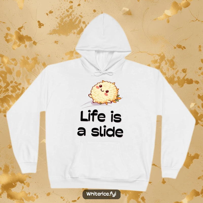 Funny hoodie with a playful rice character captured in a smooth slide, radiating a sense of ease and enjoyment.