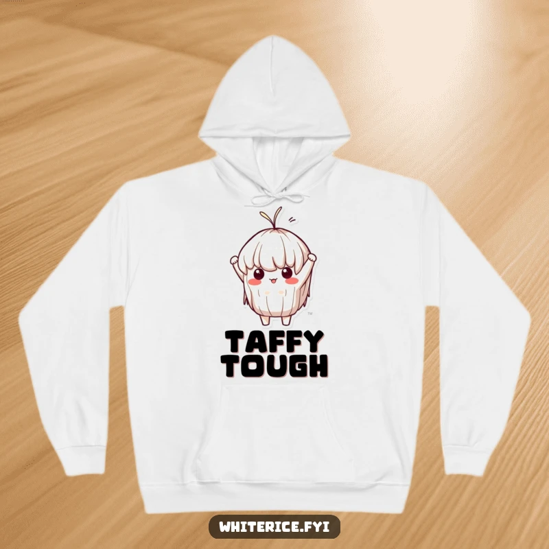 Funny Sticky Rice Hoodie: A determined Kawaii sticky rice character comically stretching, radiating resilience and warmth, perfect for cozying up.