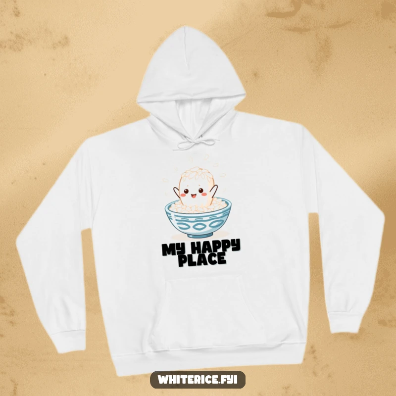 Funny kawaii white rice grain character energetically leaping into a steaming bowl, featured on a cozy hoodie, radiating happiness and comfort.
