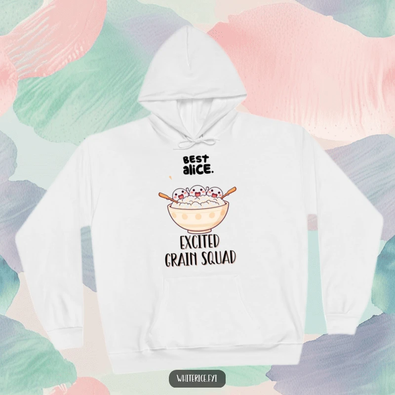 Funny hoodie featuring an excited bowl of rice characters cheering with spoons, offering warmth and a festive vibe.