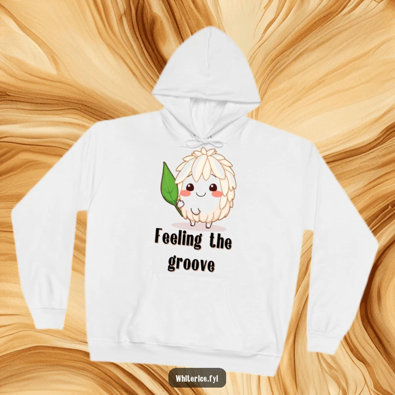 Funny hoodie featuring a smiling rice character in a playful spin, accented by a jaunty leaf, radiating happiness.