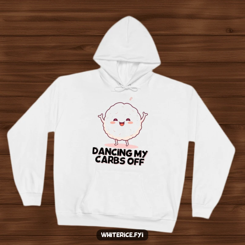 Funny hoodie with a happy glob of sticky white rice in a cheerful dance pose. Cozy and fun wear.