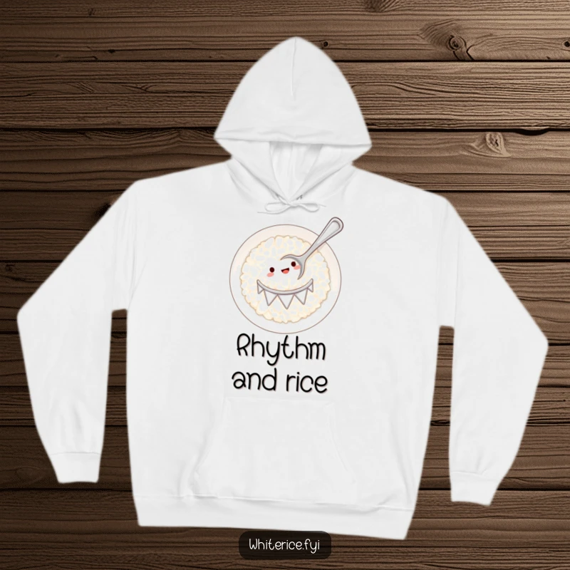 Funny white rice plate drum with a tiny spoon hoodie, depicting a cozy and humorous musical performance.