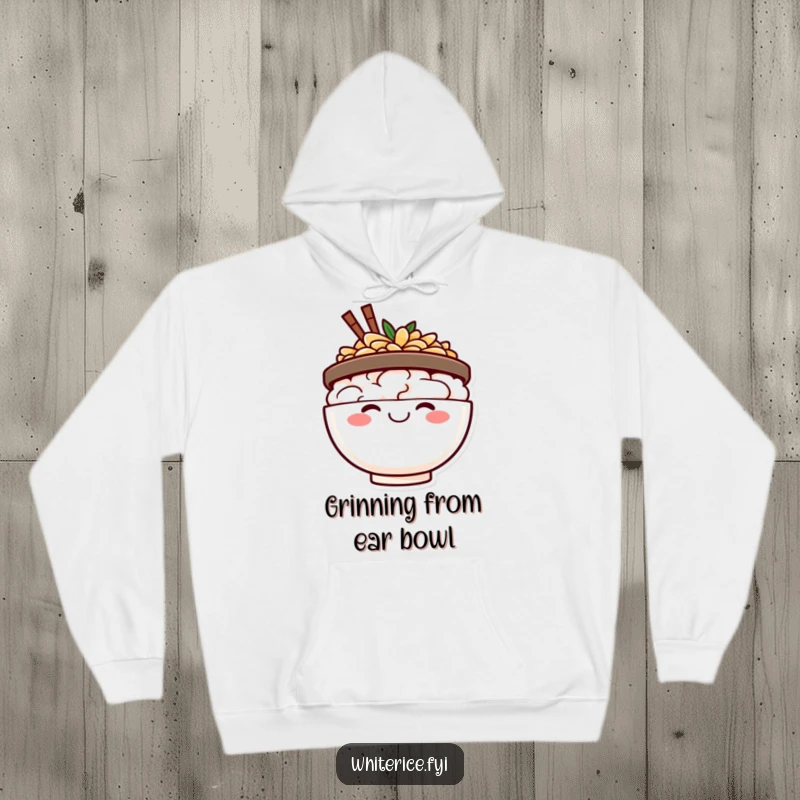 Funny happy rice bowl hoodie, beaming with a big smile, offering cozy comfort and infectious cheerful vibes.