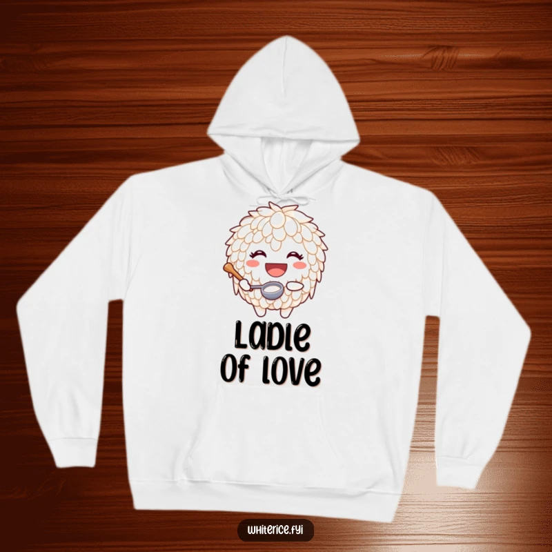 Funny hoodie featuring a joyful rice character with a big smile and a tiny ladle, offering warmth and culinary cheer.