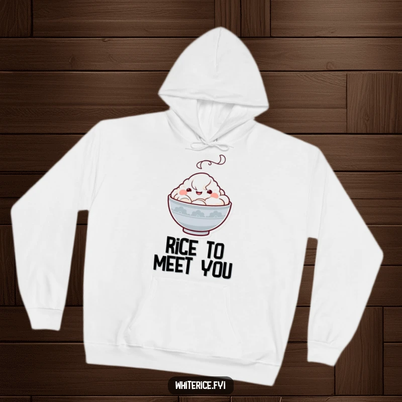 Funny Kawaii rice bowl hoodie showcasing a happy character with a steam cloud, radiating warmth and contentment, an ideal comforting gift.