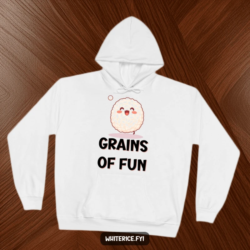 Funny hoodie with a happy grain of white rice joyfully bouncing a tiny ball, perfect for casual wear.