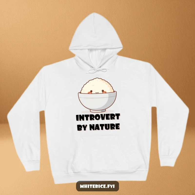 Funny hoodie depicting a blushing rice cake shyly peeking from behind a bowl, offering cozy warmth and charm.