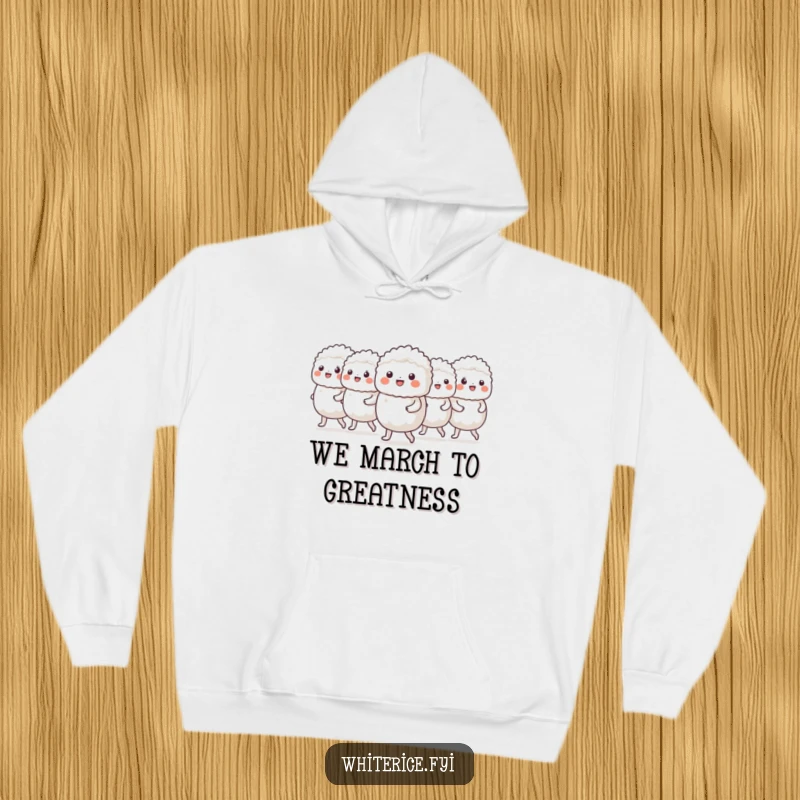 Funny hoodie showing a cheerful group of white rice characters marching in a neat line with purpose.