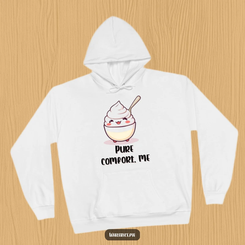 Funny kawaii rice pudding hoodie, character happily spooning itself, soft and humorous outerwear.