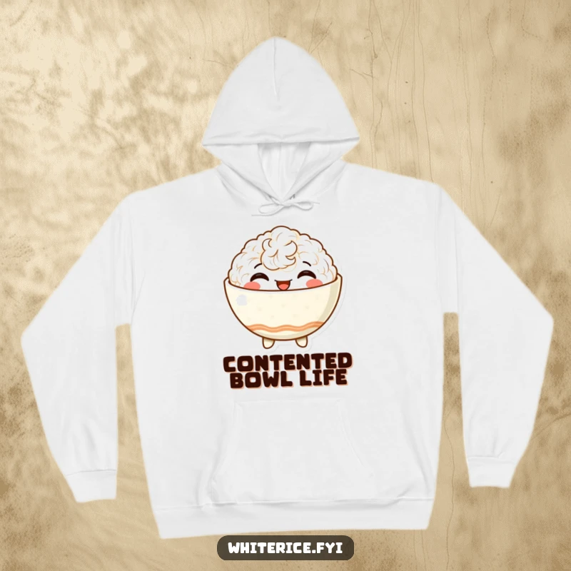 Funny hoodie featuring a delighted, anthropomorphic rice bowl character beaming with satisfaction, perfect for cozy and contented moments.