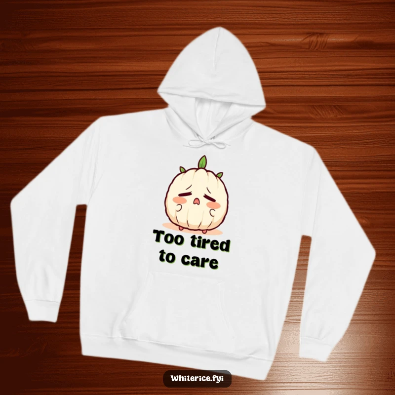 Funny hoodie featuring a sleepy rice grain character yawning, perfect for cozying up and enjoying downtime.