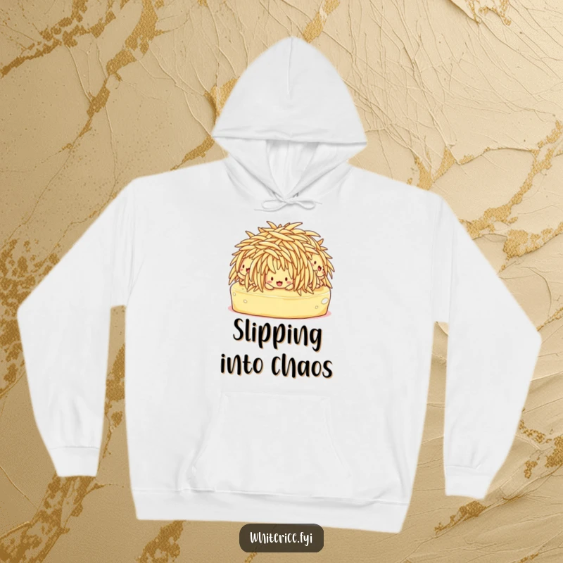 Funny hoodie illustrating a group of bewildered rice characters comically sliding on butter, offering warmth and humor.