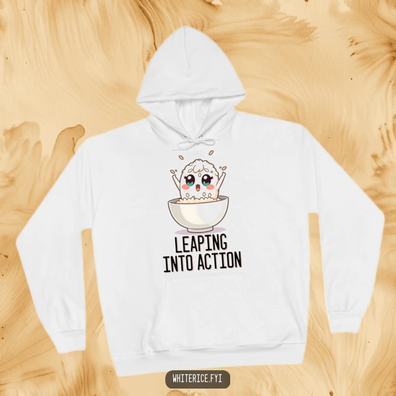Funny rice hoodie features a surprised grain of rice character joyfully leaping out of a bowl with wide, expressive eyes, ideal for cozy fun.