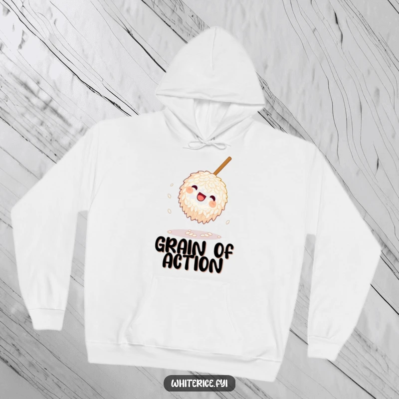 Funny Rice Hoodie: A playful grain of rice doing a somersault near a chopstick, providing warm comfort and humorous whimsy.