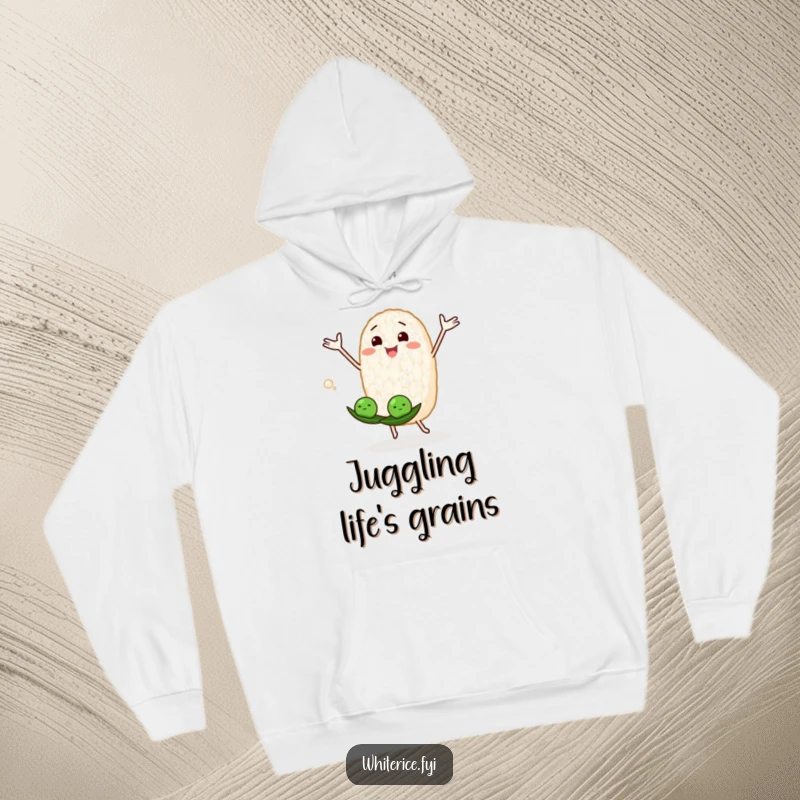 Funny hoodie depicting a joyous rice grain character juggling peas, perfect for cozy, playful vibes.
