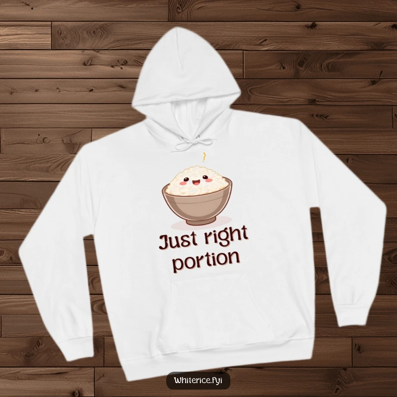 Funny Rice Grain Hoodie showing a happy rice grain served in a small bowl, offering warmth and comfort food humor.