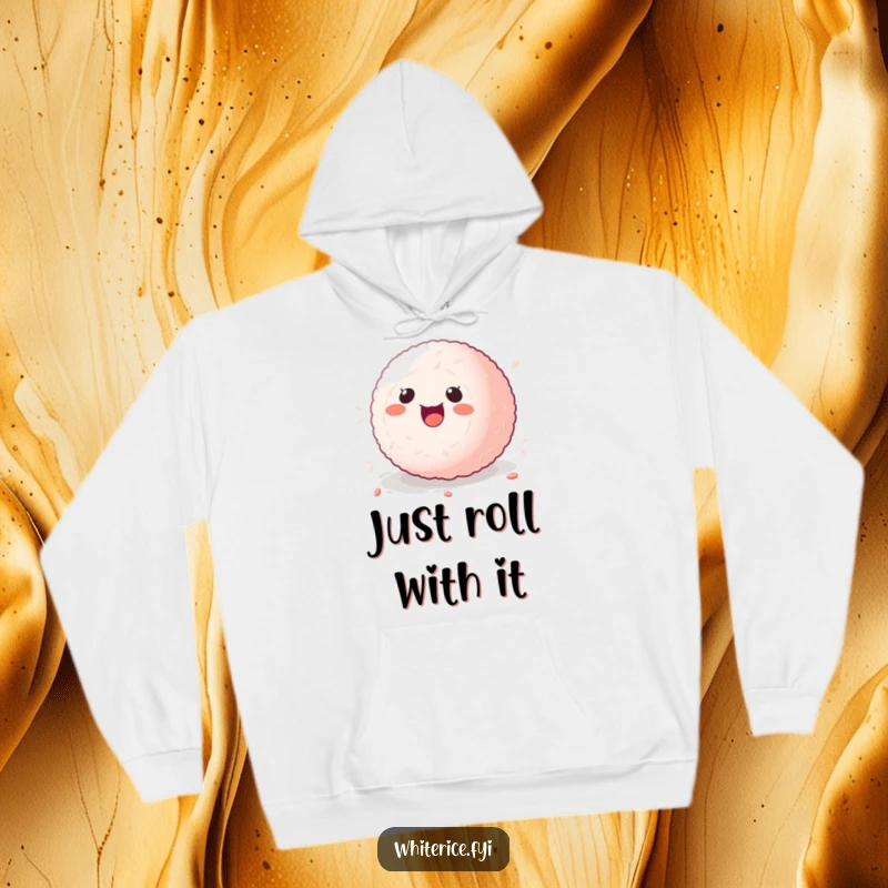 Funny kawaii sticky rice ball hoodie, character rolling with delight, soft and humorous outerwear.