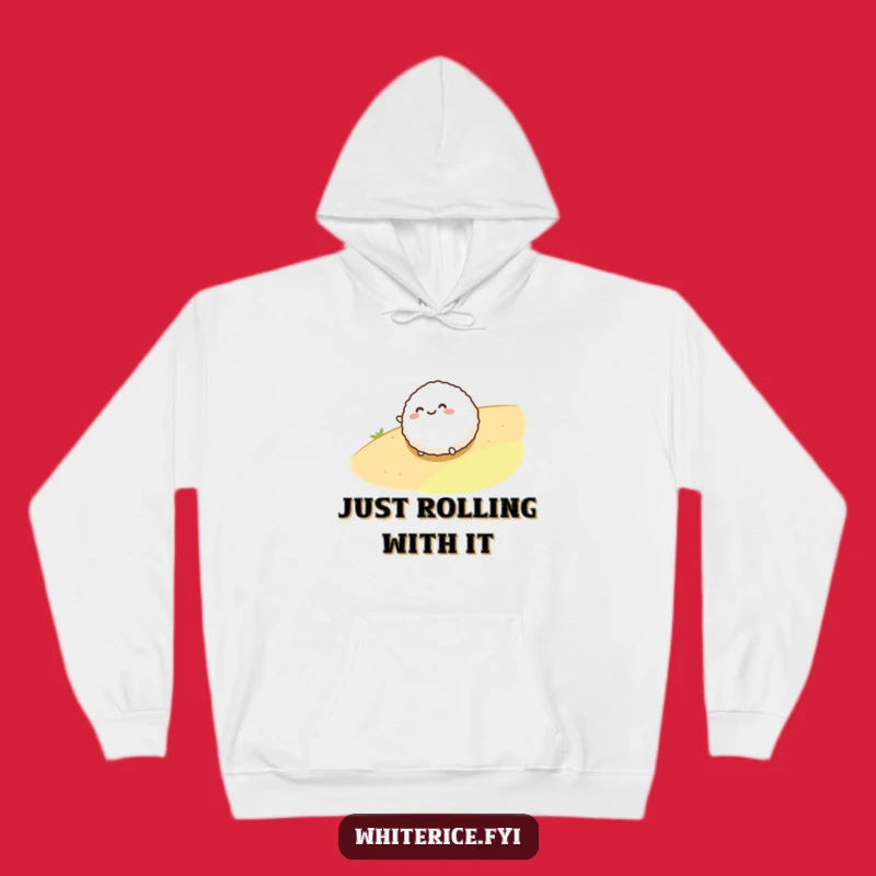 Funny Rice Ball Rolling Hoodie: Cozy Food Character Sweatshirt Gift