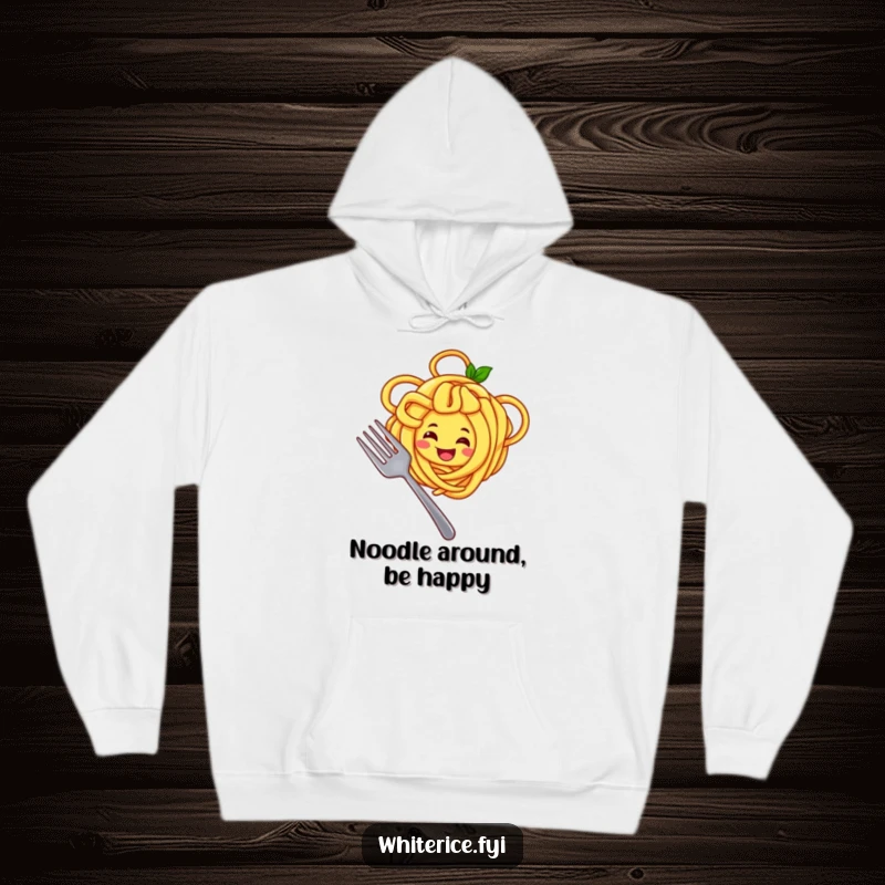 Funny hoodie with a joyful yellow noodle character happily twirling around a fork, showcasing a love for pasta.